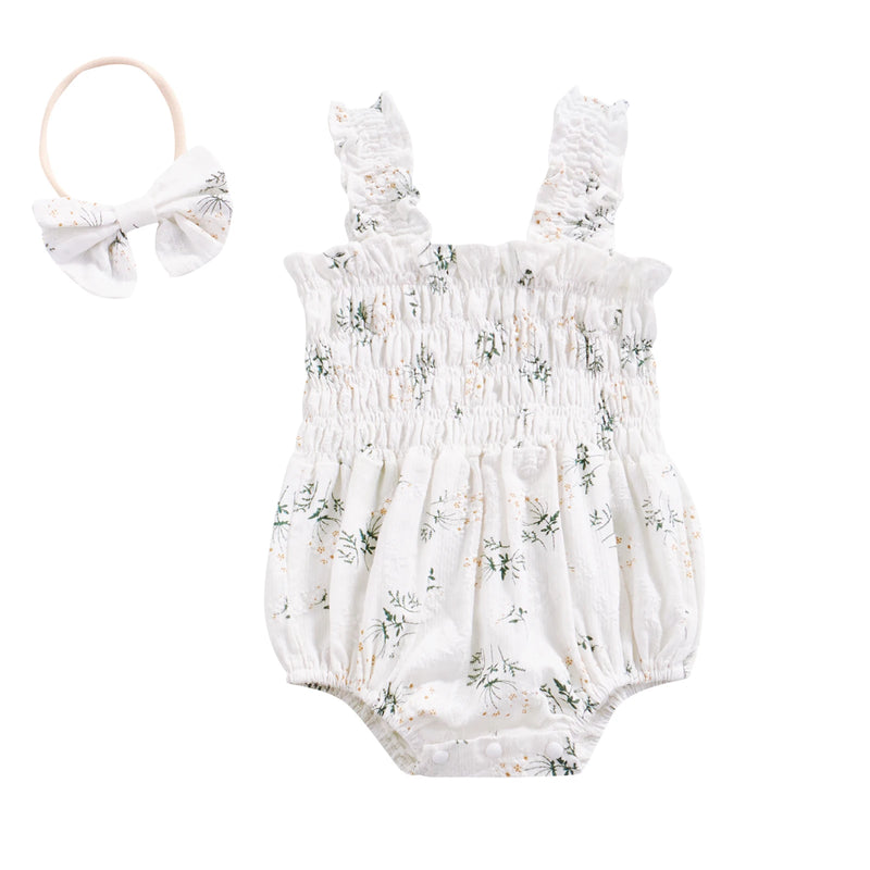 Infant Baby Girl's Sleeveless Jumpsuit Floral Print Elastic Bust Shoulder Straps Romper Bow Headband The Little Baby Brand The Little Baby Brand