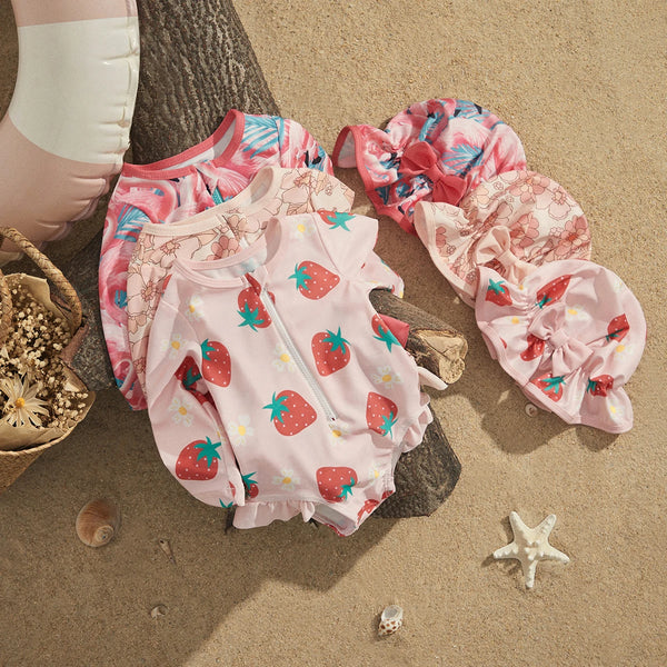 EWODOS Toddler Baby Girls Summer Rash Guard Swimsuit Casual Long Sleeve Strawberry Print Bathing Suit + Sun Hat Beachwear Set The Little Baby Brand The Little Baby Brand