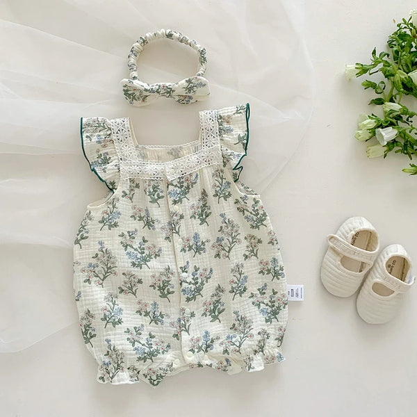 MILANCEL New Summer Baby Rompers Toddler Sweet Green Floral Jumpsuit with Hairband Infant Outwear The Little Baby Brand The Little Baby Brand