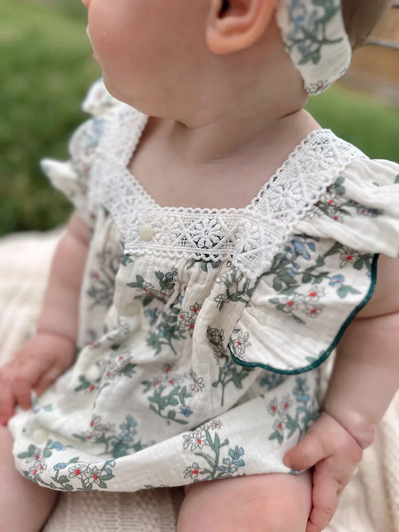 MILANCEL New Summer Baby Rompers Toddler Sweet Green Floral Jumpsuit with Hairband Infant Outwear The Little Baby Brand The Little Baby Brand