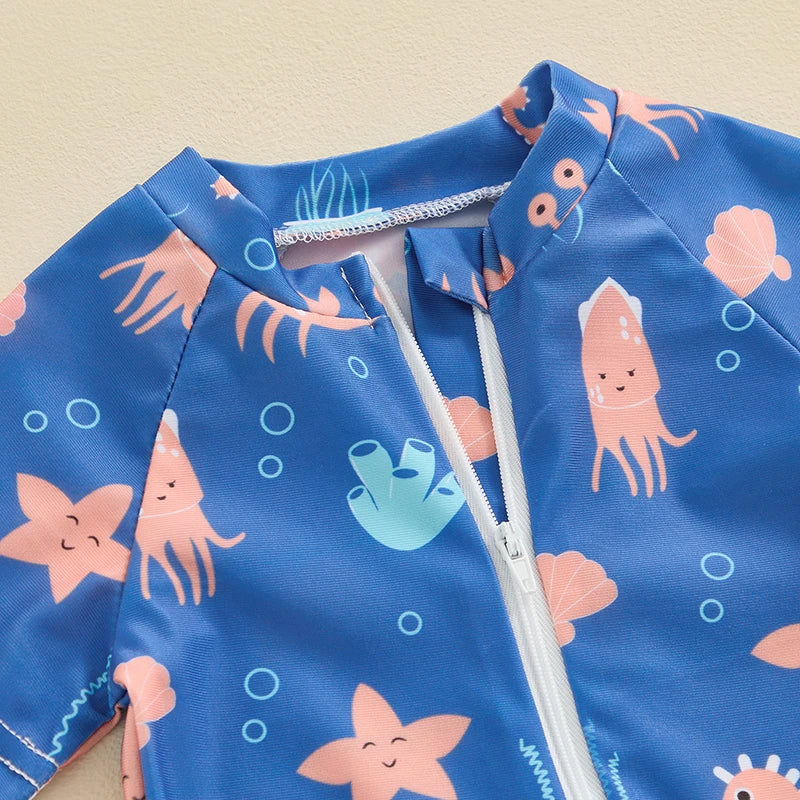 Toddler Boys Rash Guard Swimwear Cartoon Marine Organisms Print Short Sleeve Swimsuits Front Zipper Bathing Suits The Little Baby Brand The Little Baby Brand