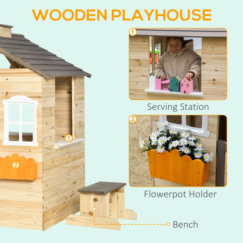 wooden playhouse Wooden Kids Playhouse with Window Boxes and Bench Outsunny The Little Baby Brand