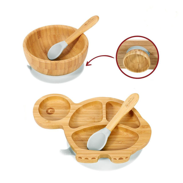  Bamboo Turtle Plate Bowl & Spoon Set Suction Bowl Stay-Put Design Vinsani The Little Baby Brand