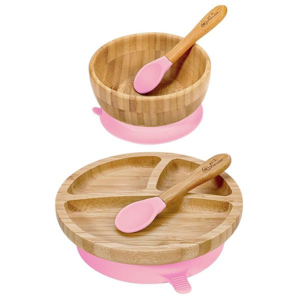 Baby Feeding Bamboo Bowl, Plate and Spoon Set Suction Plate Vinsani The Little Baby Brand