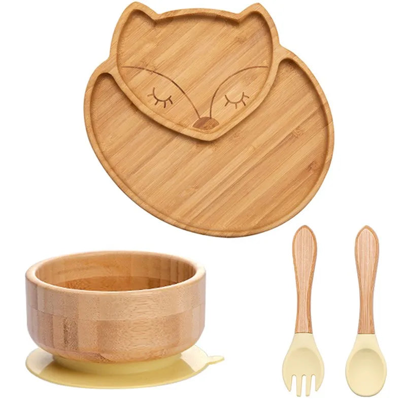 4pcs Children's Tableware Suction Plate Bowl Baby Dishes Baby Feeding Dishes Spoon Fork Sets Bamboo Plate for Kids Tableware The Little Baby Brand The Little Baby Brand