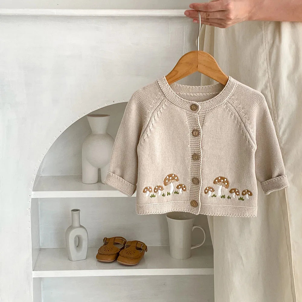 New 2024 Autumn Baby Sweaters 0-3Y Cute Mushroom Embroidery Girls Knitted Cardigans Coat Single Breast O-Neck Infant Sweater Top The Little Baby Brand The Little Baby Brand