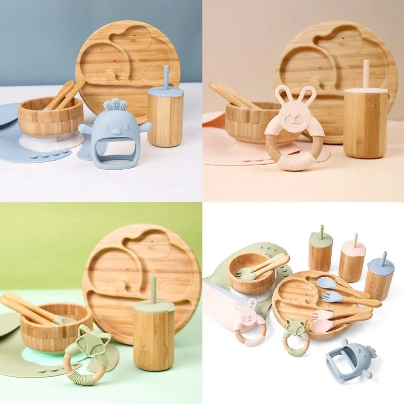 Baby Tableware Set Feeding Bowl Dinner Plate Cup Bibs Spoon Fork Bamboo Wooden Children's Feeding Dishes Sets BPA Free Non-Slip The Little Baby Brand The Little Baby Brand