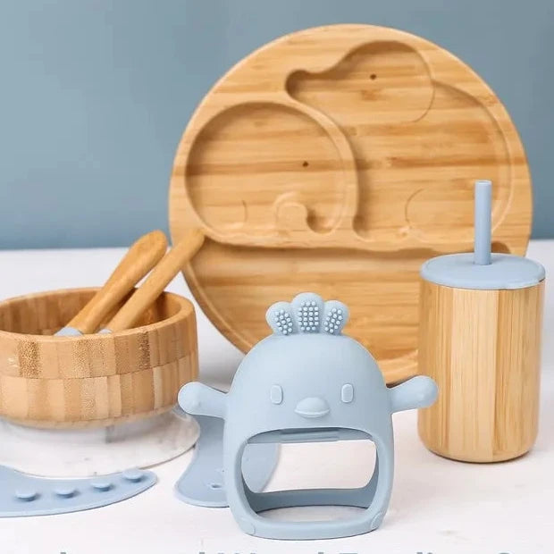 Baby Tableware Set Feeding Bowl Dinner Plate Cup Bibs Spoon Fork Bamboo Wooden Children's Feeding Dishes Sets BPA Free Non-Slip The Little Baby Brand The Little Baby Brand