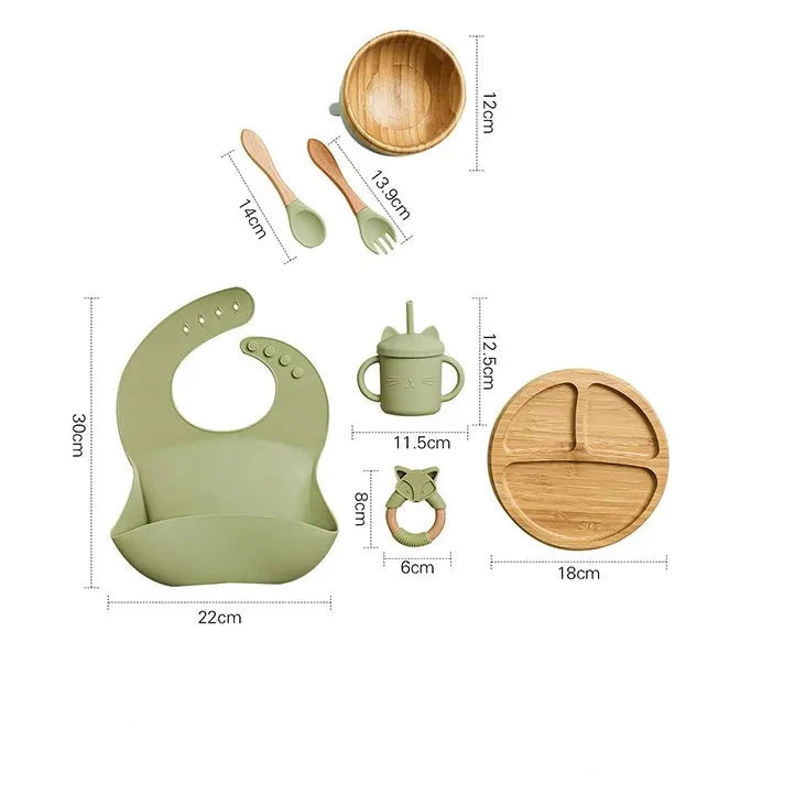 Baby Tableware Set Feeding Bowl Dinner Plate Cup Bibs Spoon Fork Bamboo Wooden Children's Feeding Dishes Sets BPA Free Non-Slip The Little Baby Brand The Little Baby Brand