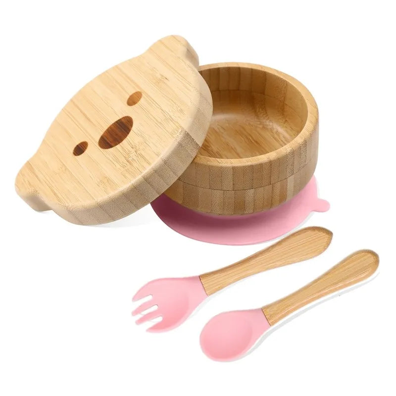 Baby Tableware Set Feeding Bowl Dinner Plate Cup Bibs Spoon Fork Bamboo Wooden Children's Feeding Dishes Sets BPA Free Non-Slip The Little Baby Brand The Little Baby Brand