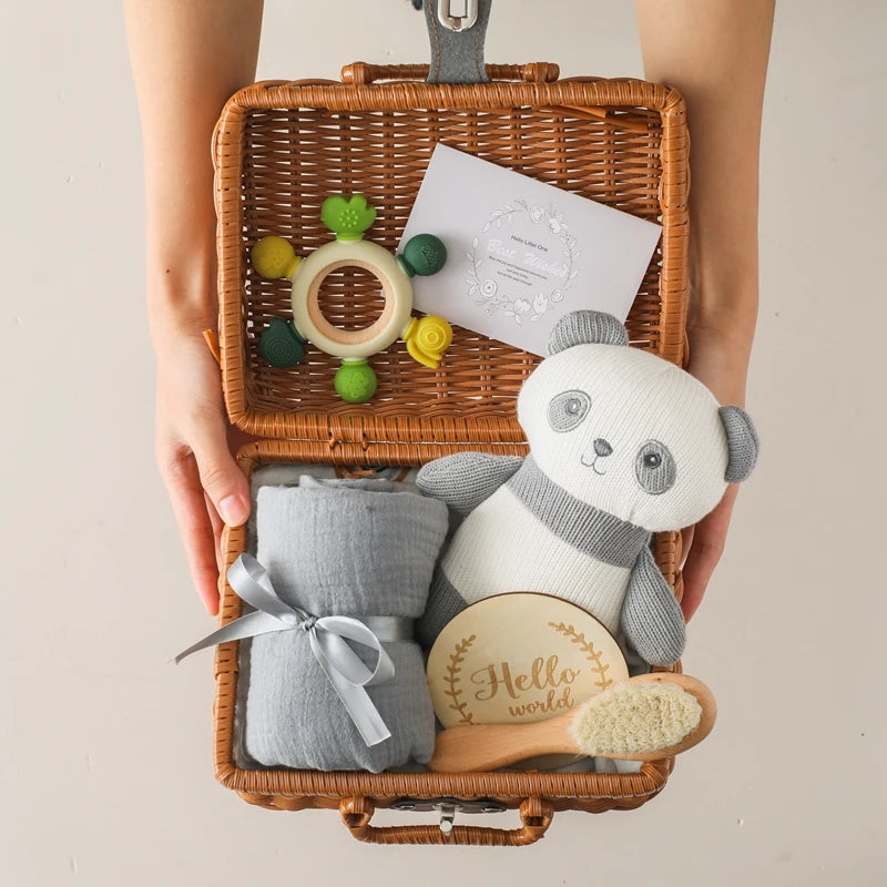 Baby Crochet Rattle Elephant Teether Toys Silicone Rudder Teething Toys Cotton Towel Wool Brush Weave Gift Box Bath Toys Set The Little Baby Brand The Little Baby Brand