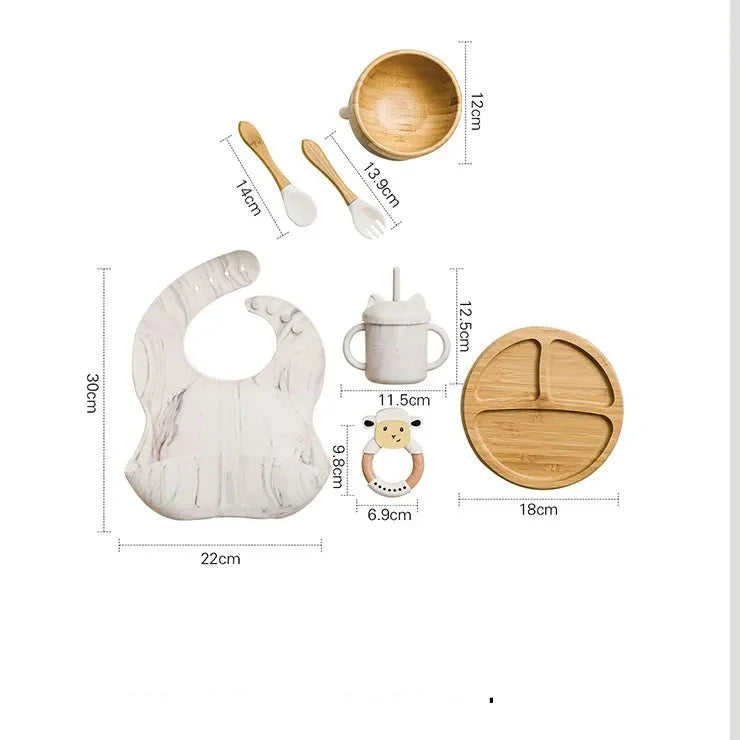 Baby Tableware Set Feeding Bowl Dinner Plate Cup Bibs Spoon Fork Bamboo Wooden Children's Feeding Dishes Sets BPA Free Non-Slip The Little Baby Brand The Little Baby Brand