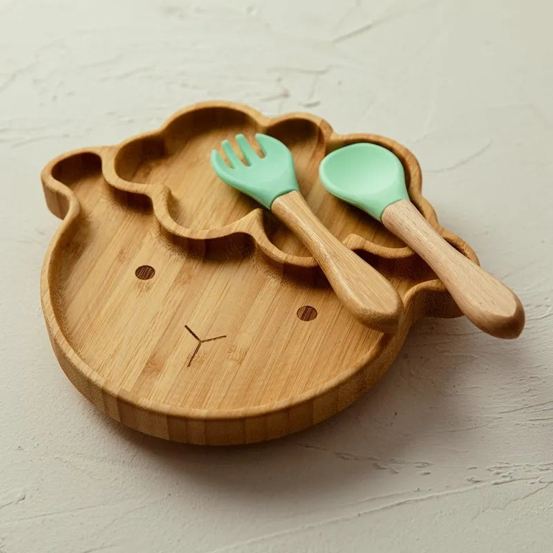 4pcs Children's Tableware Suction Plate Bowl Baby Dishes Baby Feeding Dishes Spoon Fork Sets Bamboo Plate for Kids Tableware The Little Baby Brand The Little Baby Brand