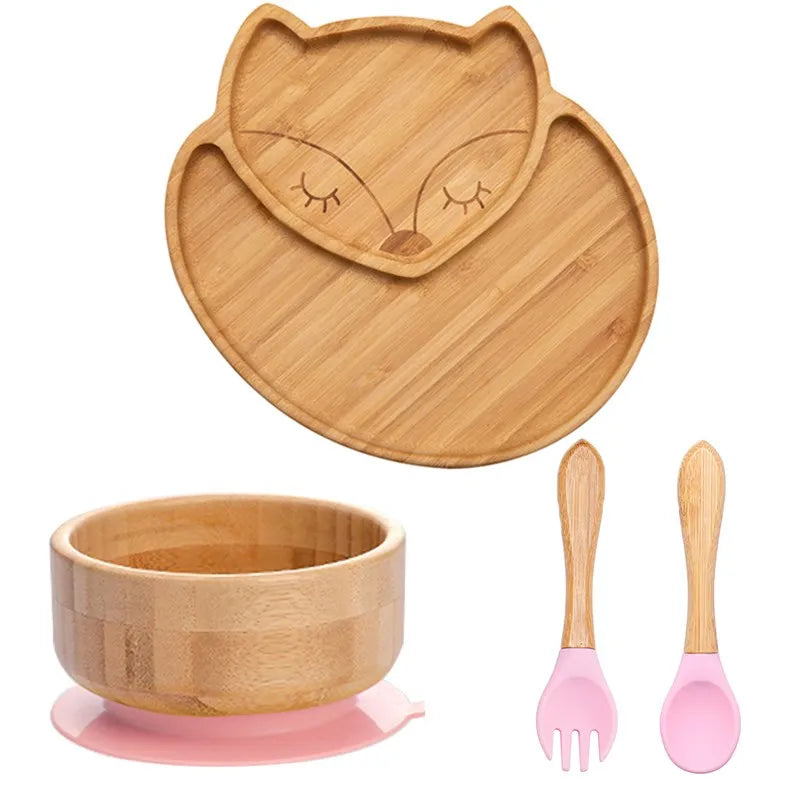 4pcs Children's Tableware Suction Plate Bowl Baby Dishes Baby Feeding Dishes Spoon Fork Sets Bamboo Plate for Kids Tableware The Little Baby Brand The Little Baby Brand