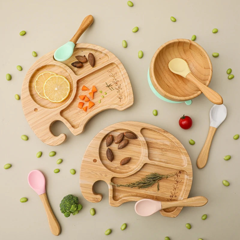 4pcs Children's Tableware Suction Plate Bowl Baby Dishes Baby Feeding Dishes Spoon Fork Sets Bamboo Plate for Kids Tableware The Little Baby Brand The Little Baby Brand