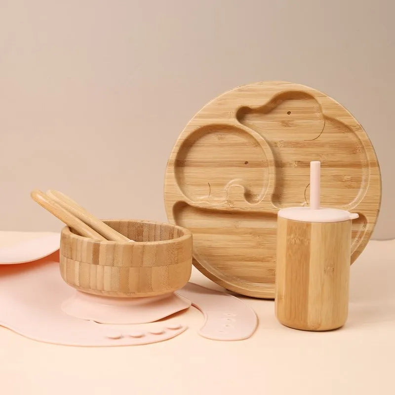 Baby Tableware Set Feeding Bowl Dinner Plate Cup Bibs Spoon Fork Bamboo Wooden Children's Feeding Dishes Sets BPA Free Non-Slip The Little Baby Brand The Little Baby Brand