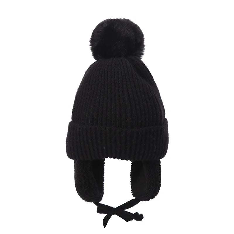 2-8T Baby Hat Big Pompom Beanie with Earflap Wool Plush Children Knitted Cap for Girls Boys Winter Thick Warm Kids Accessories The Little Baby Brand The Little Baby Brand