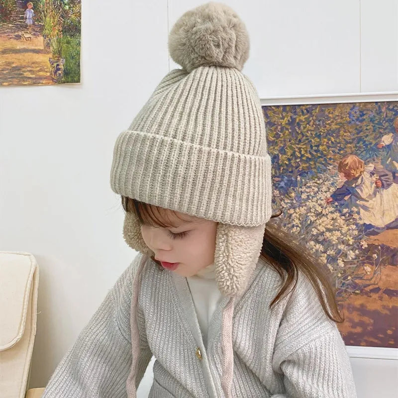 2-8T Baby Hat Big Pompom Beanie with Earflap Wool Plush Children Knitted Cap for Girls Boys Winter Thick Warm Kids Accessories The Little Baby Brand The Little Baby Brand