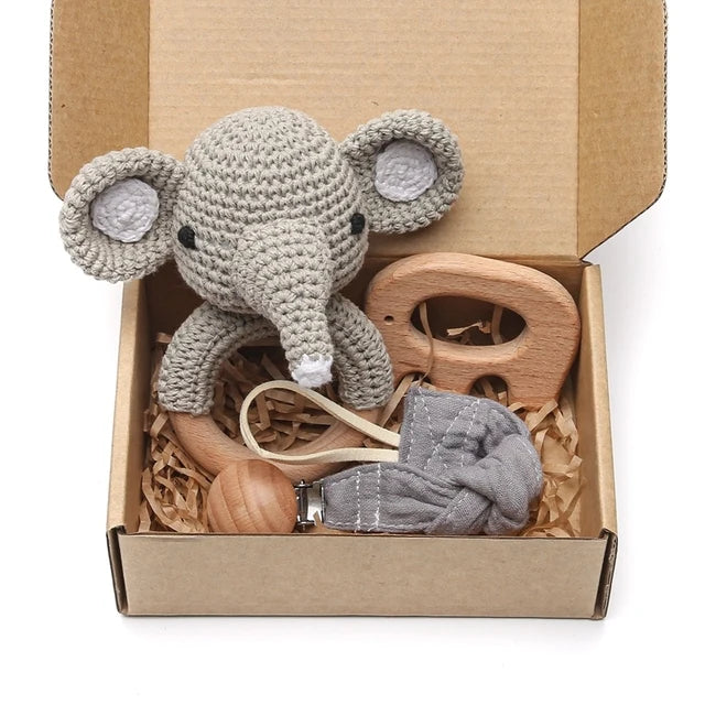 Baby Crochet Rattle Elephant Teether Toys Silicone Rudder Teething Toys Cotton Towel Wool Brush Weave Gift Box Bath Toys Set The Little Baby Brand The Little Baby Brand