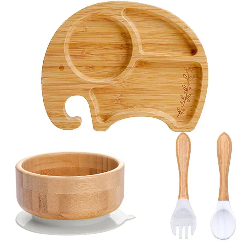 4pcs Children's Tableware Suction Plate Bowl Baby Dishes Baby Feeding Dishes Spoon Fork Sets Bamboo Plate for Kids Tableware The Little Baby Brand The Little Baby Brand