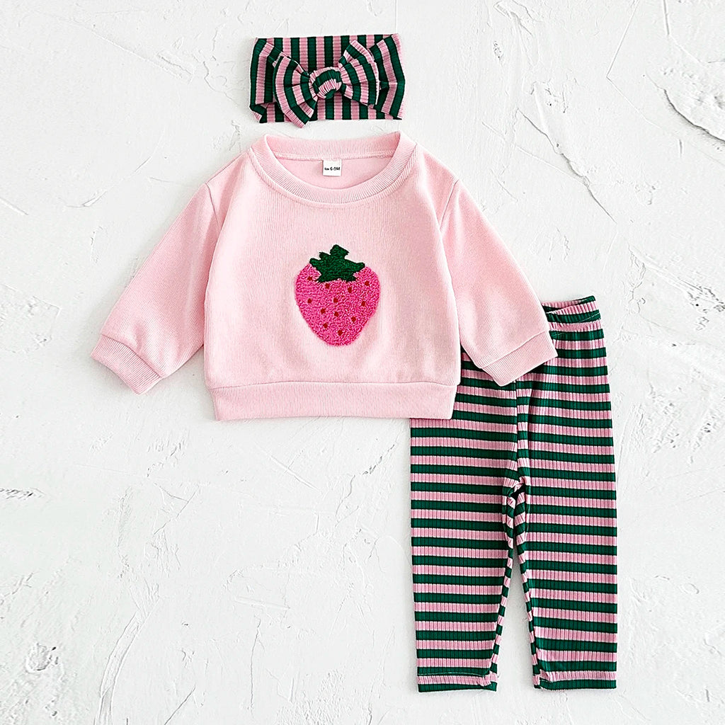 0-3Y Autumn Clothes Baby Girls Sets Strawberry Pullover Top Cotton Knitt Pants Striped Headscarf  Warm Leggings Infant Suit The Little Baby Brand The Little Baby Brand