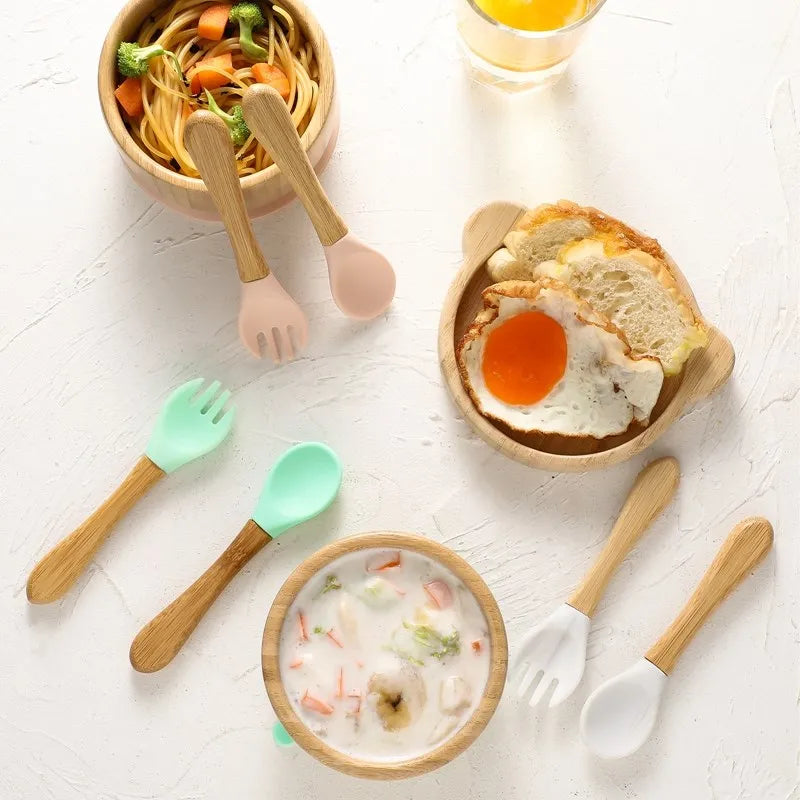 Baby Tableware Set Feeding Bowl Dinner Plate Cup Bibs Spoon Fork Bamboo Wooden Children's Feeding Dishes Sets BPA Free Non-Slip The Little Baby Brand The Little Baby Brand