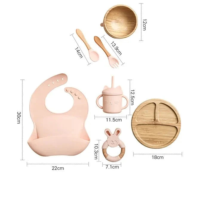 Baby Tableware Set Feeding Bowl Dinner Plate Cup Bibs Spoon Fork Bamboo Wooden Children's Feeding Dishes Sets BPA Free Non-Slip The Little Baby Brand The Little Baby Brand