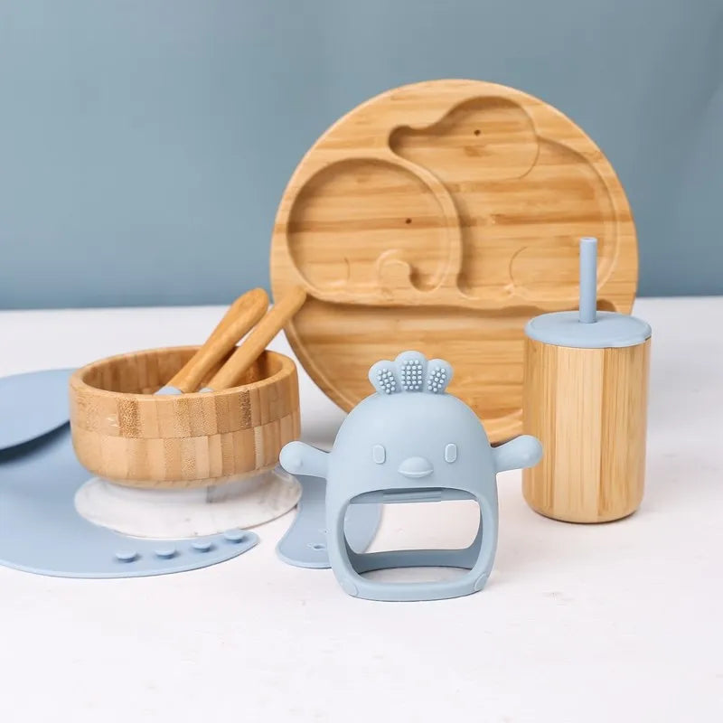 Baby Tableware Set Feeding Bowl Dinner Plate Cup Bibs Spoon Fork Bamboo Wooden Children's Feeding Dishes Sets BPA Free Non-Slip The Little Baby Brand The Little Baby Brand