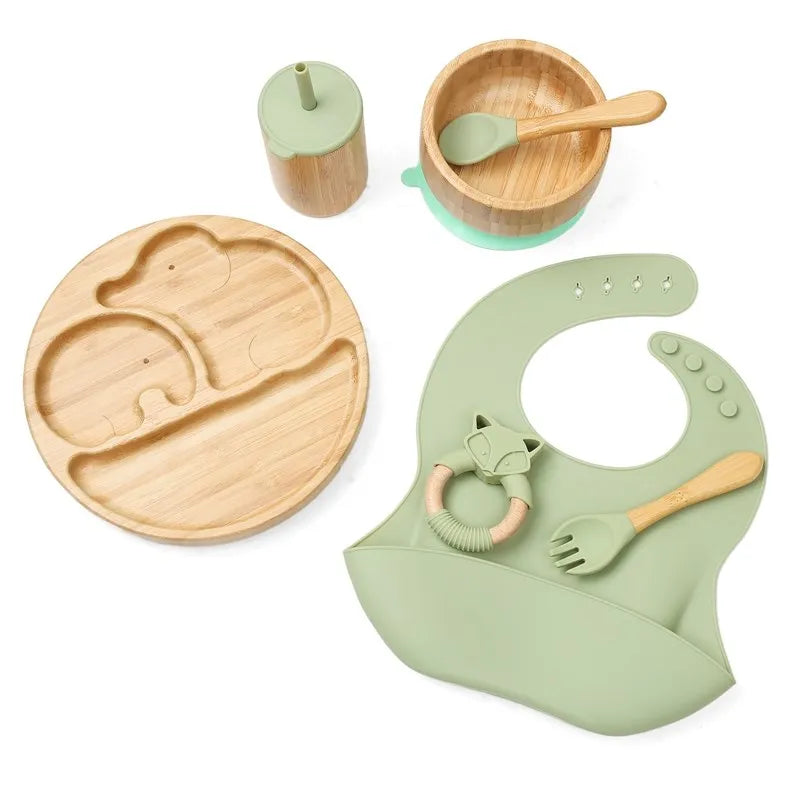 Baby Tableware Set Feeding Bowl Dinner Plate Cup Bibs Spoon Fork Bamboo Wooden Children's Feeding Dishes Sets BPA Free Non-Slip The Little Baby Brand The Little Baby Brand