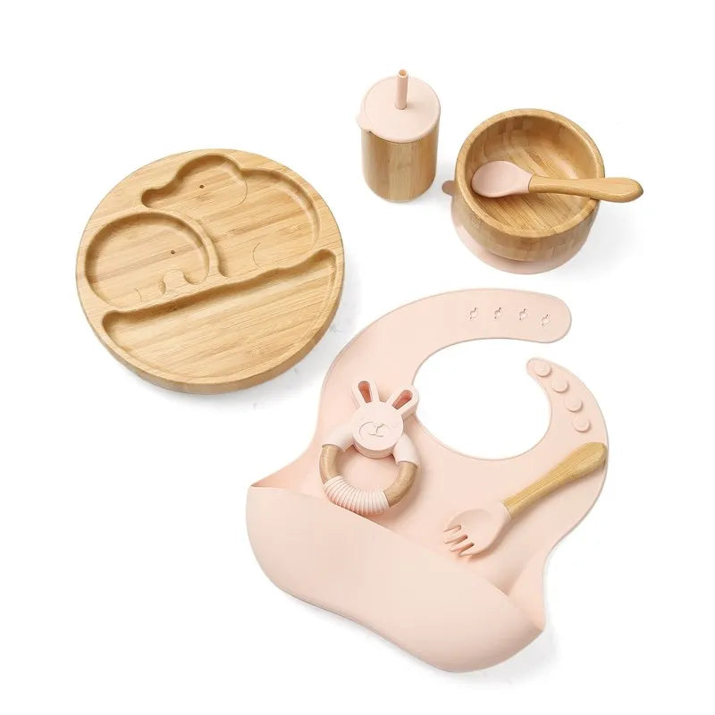Baby Tableware Set Feeding Bowl Dinner Plate Cup Bibs Spoon Fork Bamboo Wooden Children's Feeding Dishes Sets BPA Free Non-Slip The Little Baby Brand The Little Baby Brand