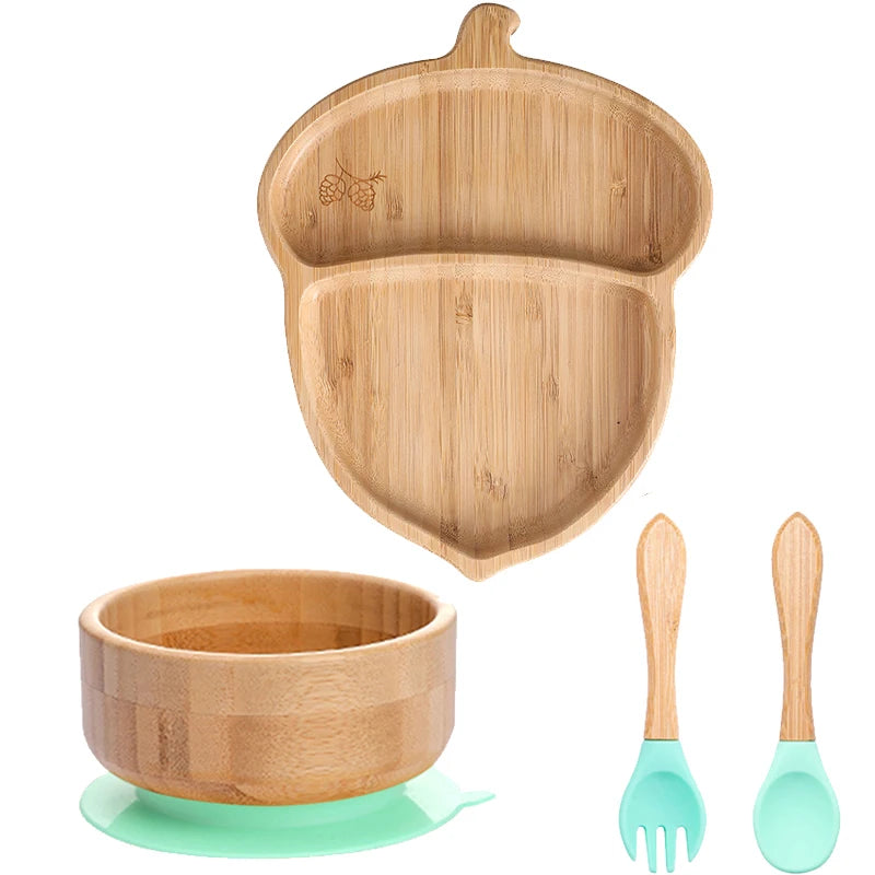 4pcs Children's Tableware Suction Plate Bowl Baby Dishes Baby Feeding Dishes Spoon Fork Sets Bamboo Plate for Kids Tableware The Little Baby Brand The Little Baby Brand