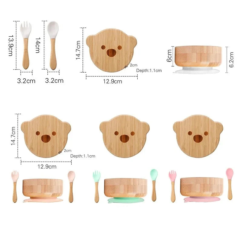 Baby Tableware Set Feeding Bowl Dinner Plate Cup Bibs Spoon Fork Bamboo Wooden Children's Feeding Dishes Sets BPA Free Non-Slip The Little Baby Brand The Little Baby Brand