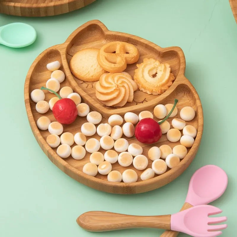 4pcs Children's Tableware Suction Plate Bowl Baby Dishes Baby Feeding Dishes Spoon Fork Sets Bamboo Plate for Kids Tableware The Little Baby Brand The Little Baby Brand