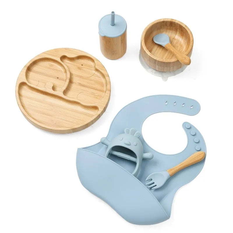 Baby Tableware Set Feeding Bowl Dinner Plate Cup Bibs Spoon Fork Bamboo Wooden Children's Feeding Dishes Sets BPA Free Non-Slip The Little Baby Brand The Little Baby Brand
