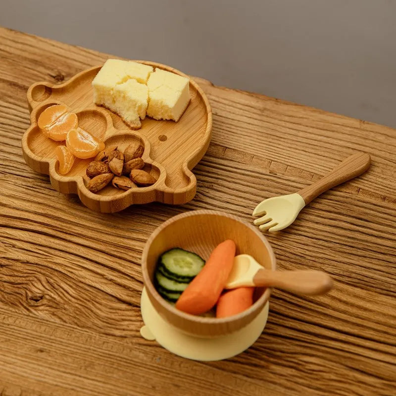 4pcs Children's Tableware Suction Plate Bowl Baby Dishes Baby Feeding Dishes Spoon Fork Sets Bamboo Plate for Kids Tableware The Little Baby Brand The Little Baby Brand