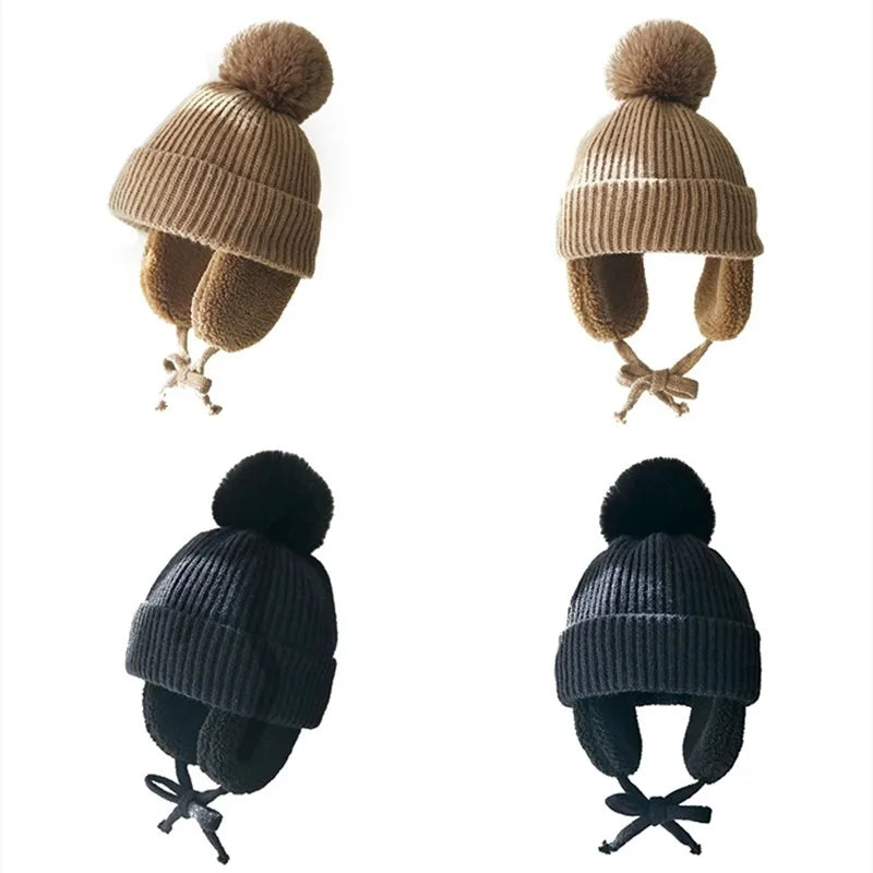2-8T Baby Hat Big Pompom Beanie with Earflap Wool Plush Children Knitted Cap for Girls Boys Winter Thick Warm Kids Accessories The Little Baby Brand The Little Baby Brand