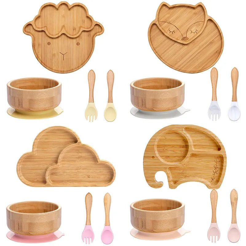 4pcs Children's Tableware Suction Plate Bowl Baby Dishes Baby Feeding Dishes Spoon Fork Sets Bamboo Plate for Kids Tableware The Little Baby Brand The Little Baby Brand