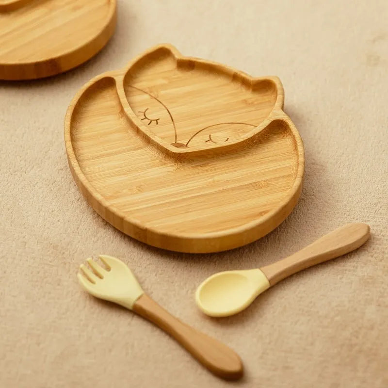 4pcs Children's Tableware Suction Plate Bowl Baby Dishes Baby Feeding Dishes Spoon Fork Sets Bamboo Plate for Kids Tableware The Little Baby Brand The Little Baby Brand