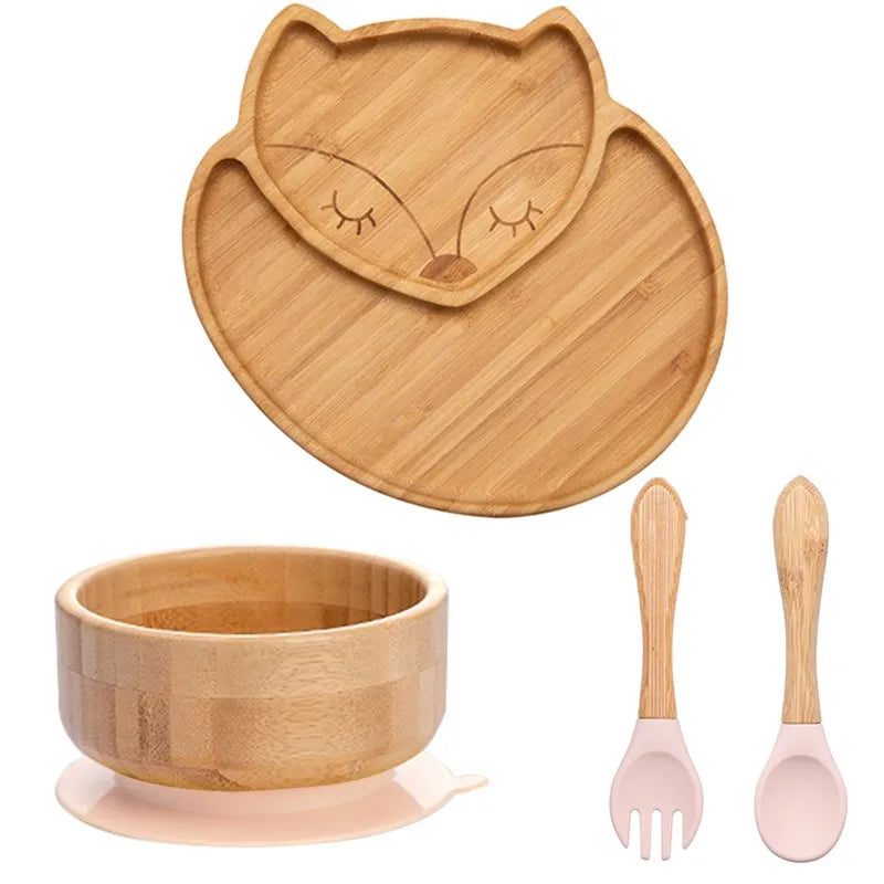 4pcs Children's Tableware Suction Plate Bowl Baby Dishes Baby Feeding Dishes Spoon Fork Sets Bamboo Plate for Kids Tableware The Little Baby Brand The Little Baby Brand