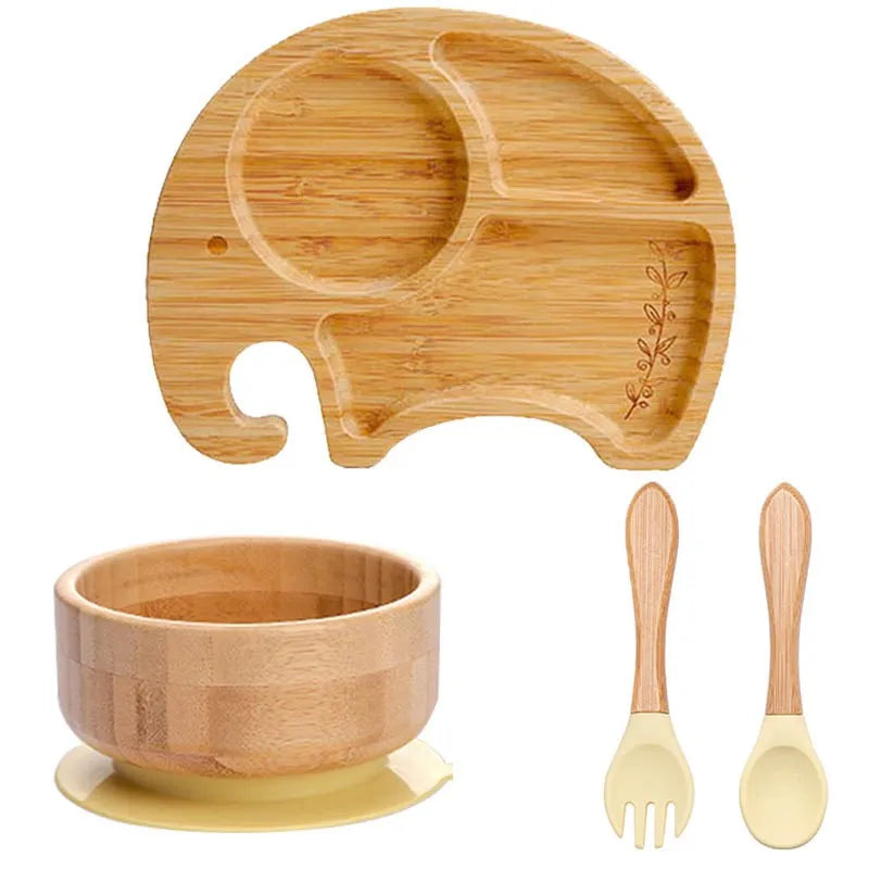 4pcs Children's Tableware Suction Plate Bowl Baby Dishes Baby Feeding Dishes Spoon Fork Sets Bamboo Plate for Kids Tableware The Little Baby Brand The Little Baby Brand
