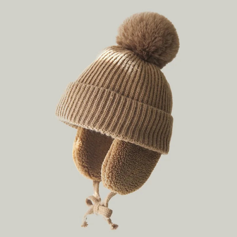 2-8T Baby Hat Big Pompom Beanie with Earflap Wool Plush Children Knitted Cap for Girls Boys Winter Thick Warm Kids Accessories The Little Baby Brand The Little Baby Brand