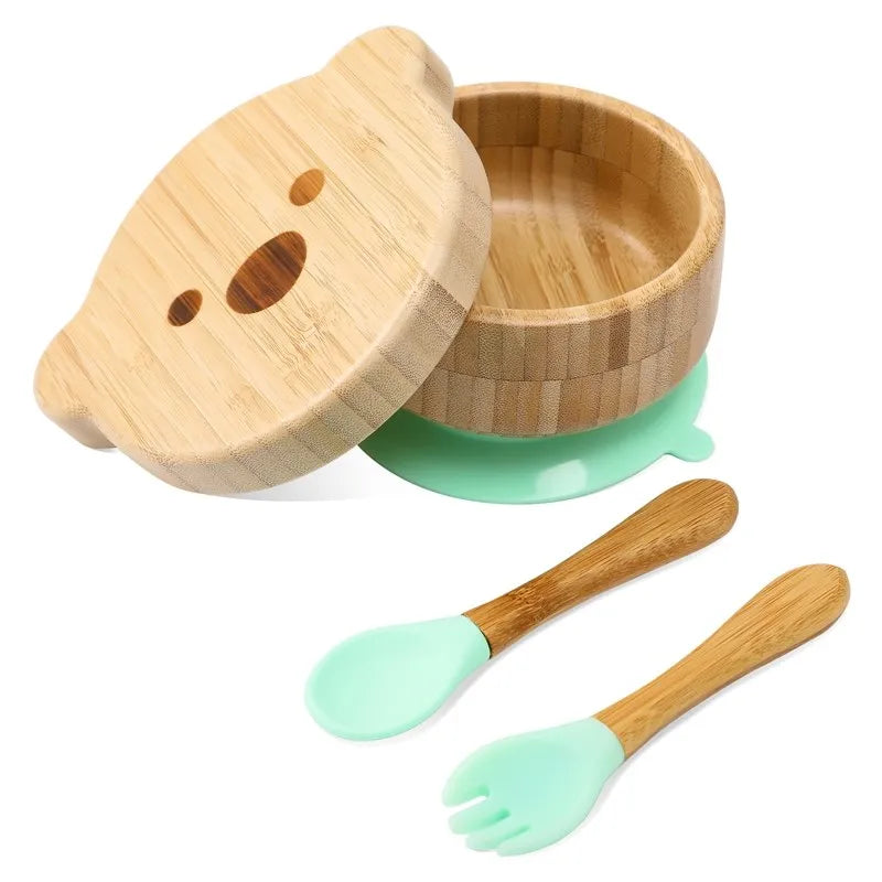 Baby Tableware Set Feeding Bowl Dinner Plate Cup Bibs Spoon Fork Bamboo Wooden Children's Feeding Dishes Sets BPA Free Non-Slip The Little Baby Brand The Little Baby Brand
