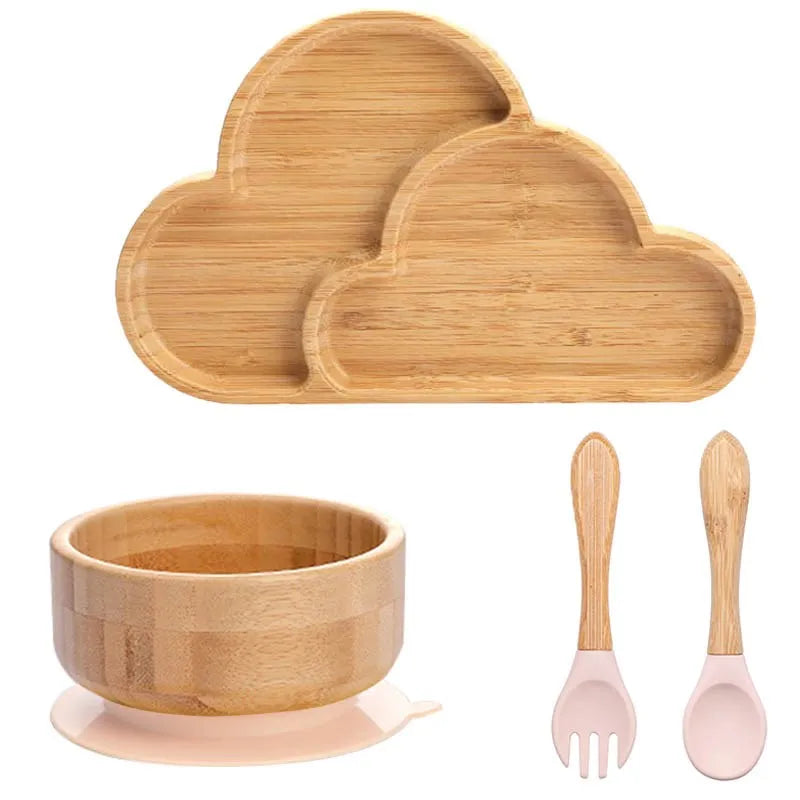 4pcs Children's Tableware Suction Plate Bowl Baby Dishes Baby Feeding Dishes Spoon Fork Sets Bamboo Plate for Kids Tableware The Little Baby Brand The Little Baby Brand