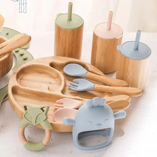 Baby Tableware Set Feeding Bowl Dinner Plate Cup Bibs Spoon Fork Bamboo Wooden Children's Feeding Dishes Sets BPA Free Non-Slip The Little Baby Brand The Little Baby Brand