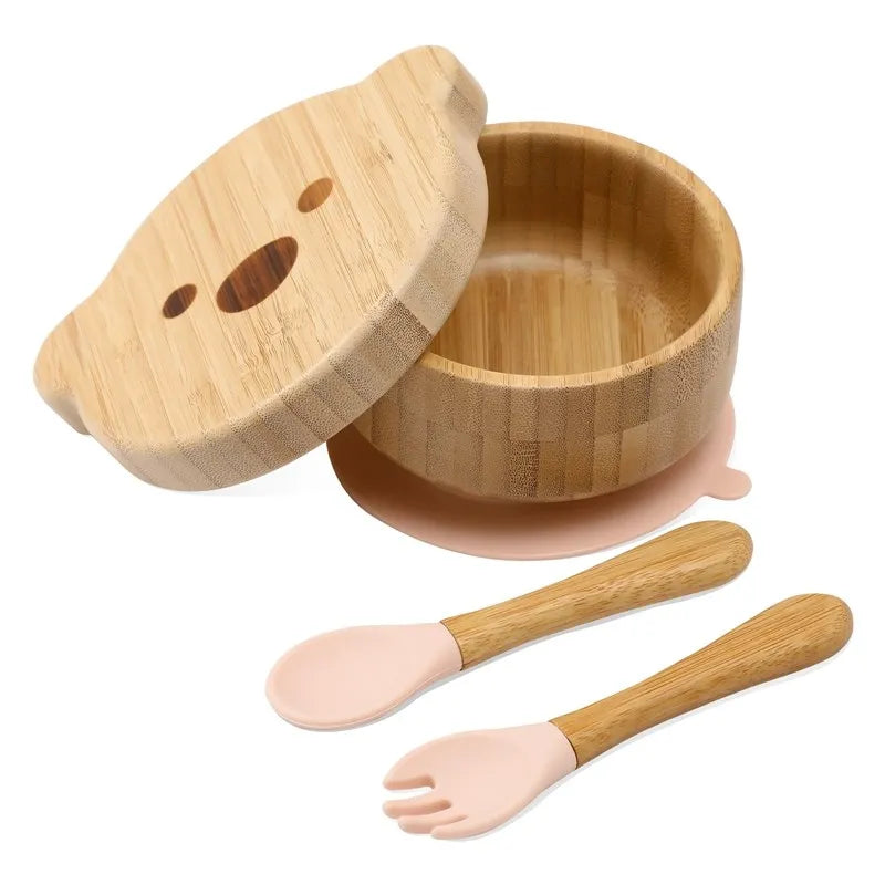 Baby Tableware Set Feeding Bowl Dinner Plate Cup Bibs Spoon Fork Bamboo Wooden Children's Feeding Dishes Sets BPA Free Non-Slip The Little Baby Brand The Little Baby Brand