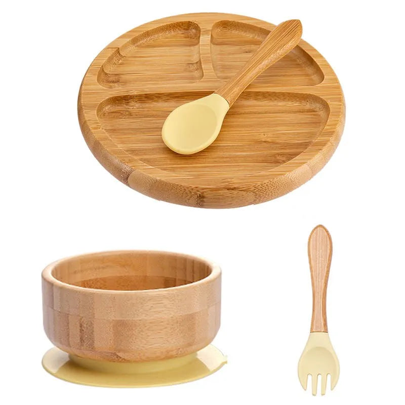 4pcs Children's Tableware Suction Plate Bowl Baby Dishes Baby Feeding Dishes Spoon Fork Sets Bamboo Plate for Kids Tableware The Little Baby Brand The Little Baby Brand