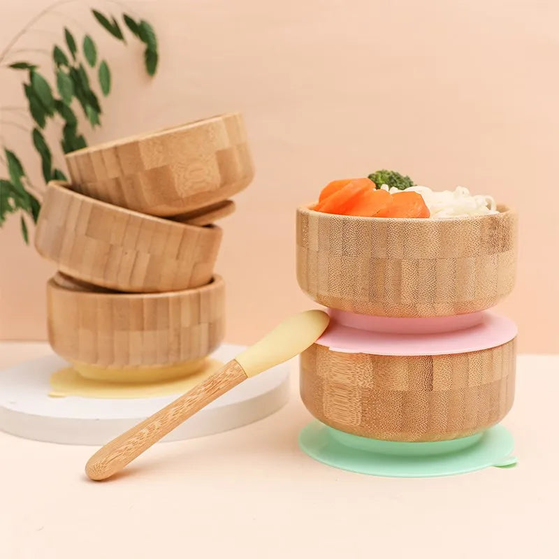 4pcs Children's Tableware Suction Plate Bowl Baby Dishes Baby Feeding Dishes Spoon Fork Sets Bamboo Plate for Kids Tableware The Little Baby Brand The Little Baby Brand