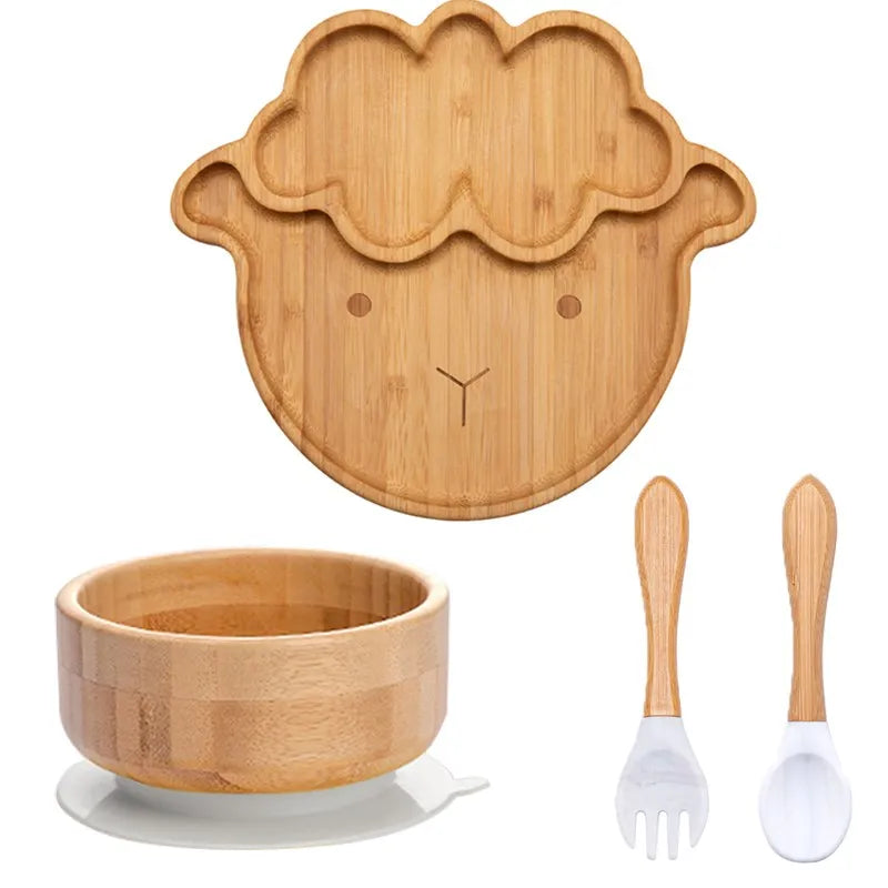 4pcs Children's Tableware Suction Plate Bowl Baby Dishes Baby Feeding Dishes Spoon Fork Sets Bamboo Plate for Kids Tableware The Little Baby Brand The Little Baby Brand