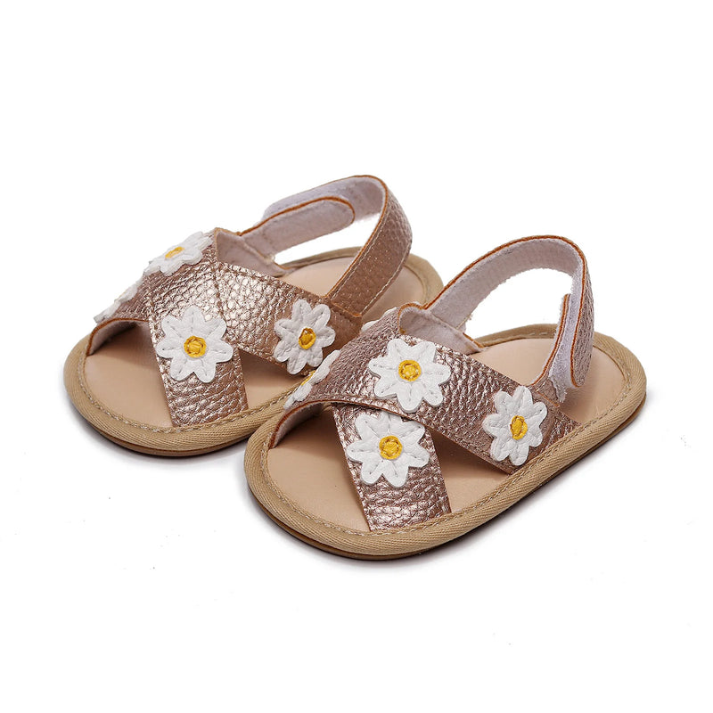 Baby Girls Anti-slip Flat Shoes, Floral Applique Pattern Soft Sole Sandals, White/ Golden/ Pink The Little Baby Brand The Little Baby Brand