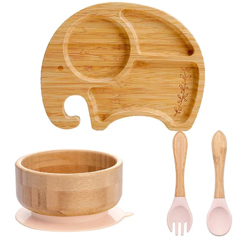 4pcs Children's Tableware Suction Plate Bowl Baby Dishes Baby Feeding Dishes Spoon Fork Sets Bamboo Plate for Kids Tableware The Little Baby Brand The Little Baby Brand